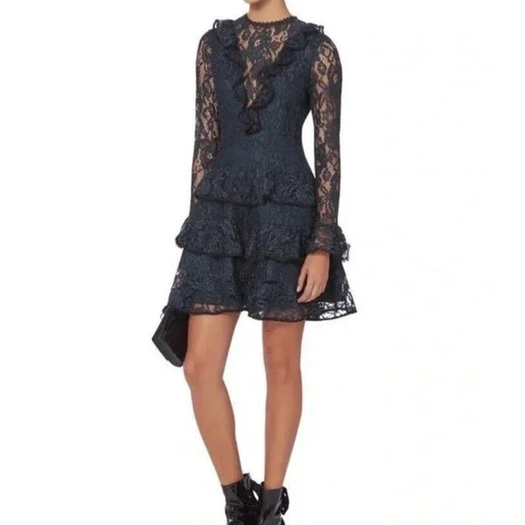 Alexis Tracie Long Sleeve Tiered Ruffled Lace Mini Dress In Navy Size S